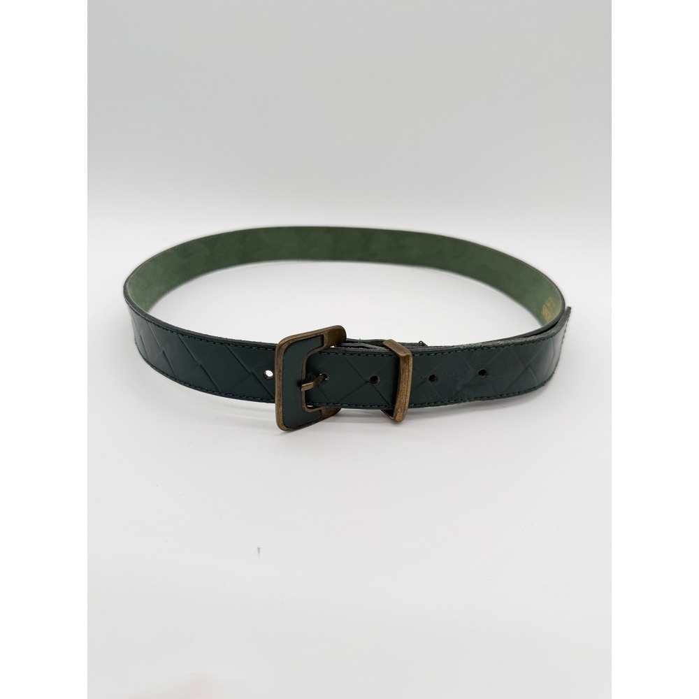 Vintage Axcess Forest Green Quilted Leather Belt Made in Italy Brass Buckle L